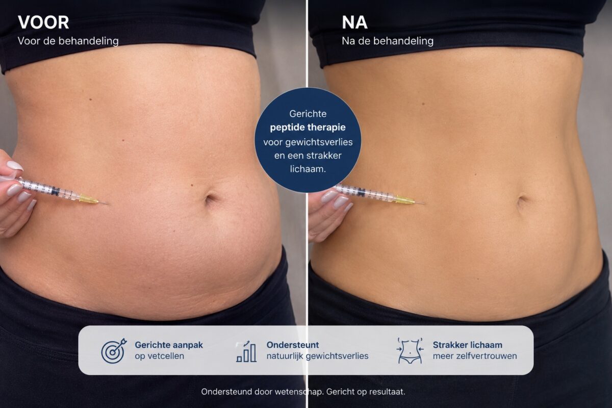 Voor-en-na vergelijking van een buik met een voller middelgedeelte vóór de behandeling en een slanker, meer gedefinieerd middel na de behandeling, met een injectiespuit als verwijzing naar een peptidebehandeling.